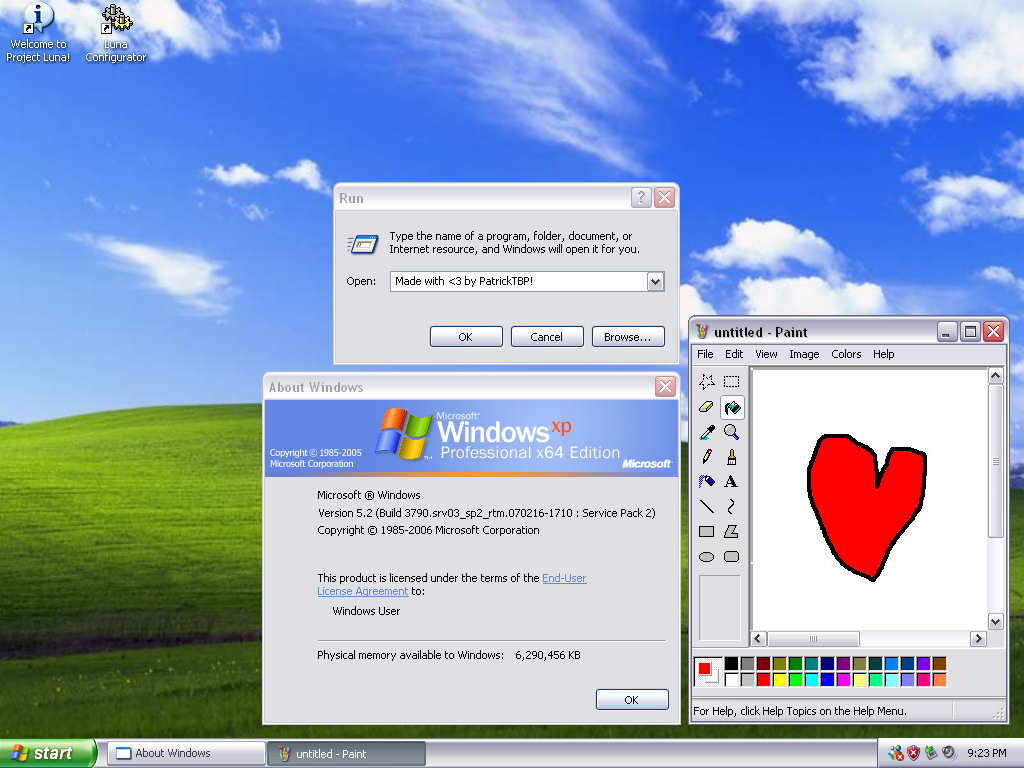 Screenshot of mspaint, winver and the Run box with the contents "Made with <3 by patricktbp" in the text box
